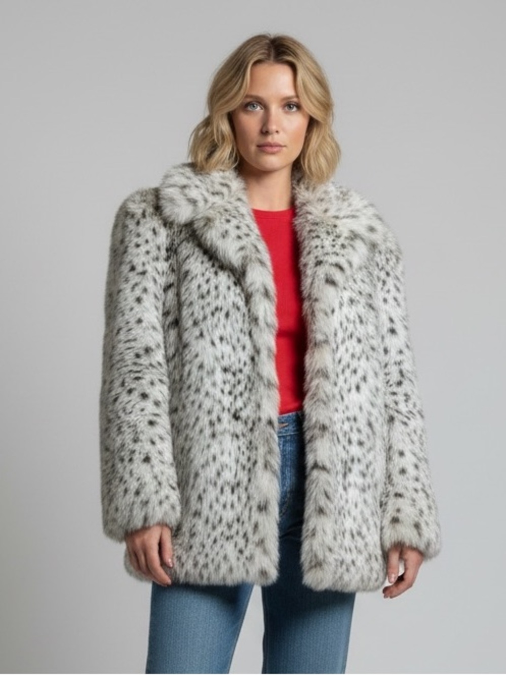 Vintage 80s Glam Snow Leopard Faux Fur Coat